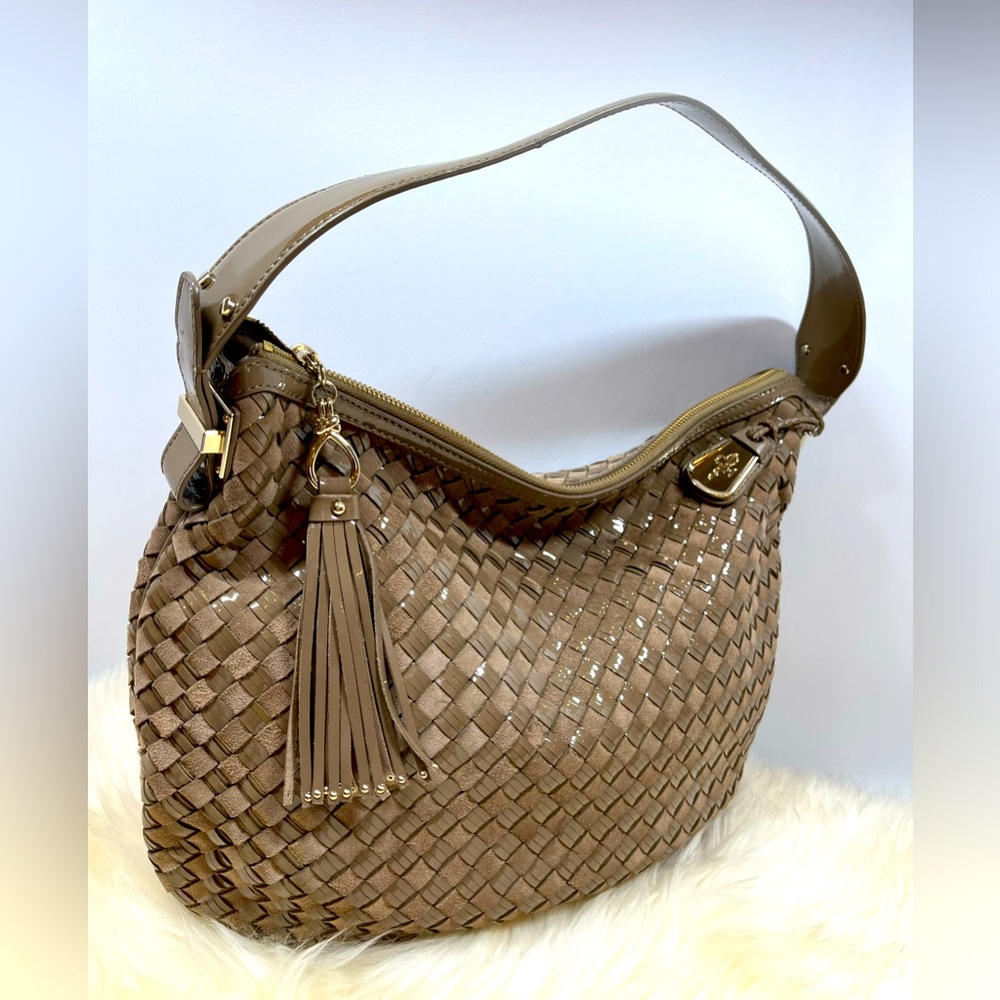 Cole Haan Taupe Woven Heritage Parker Woven Suede & Patent Leather Hobo Bag